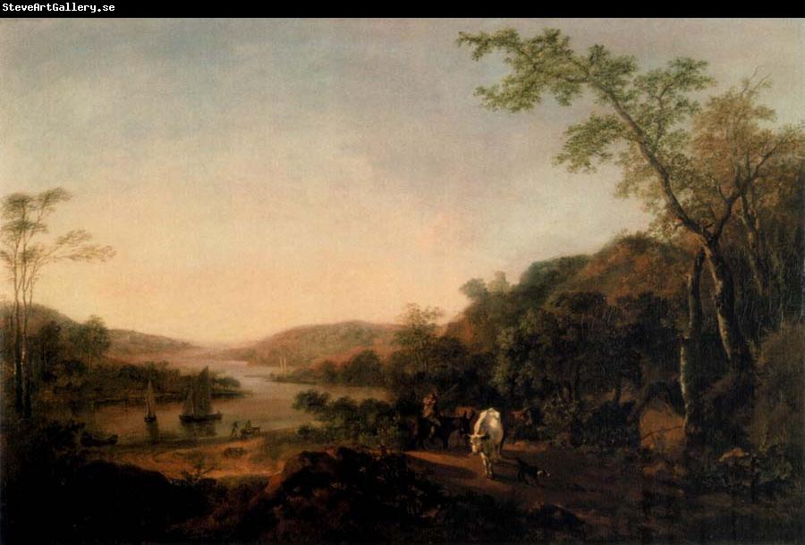 Thomas Gainsborough An Extensive River Landscape with Cattle and a Drover and Sailing Boats in the distance